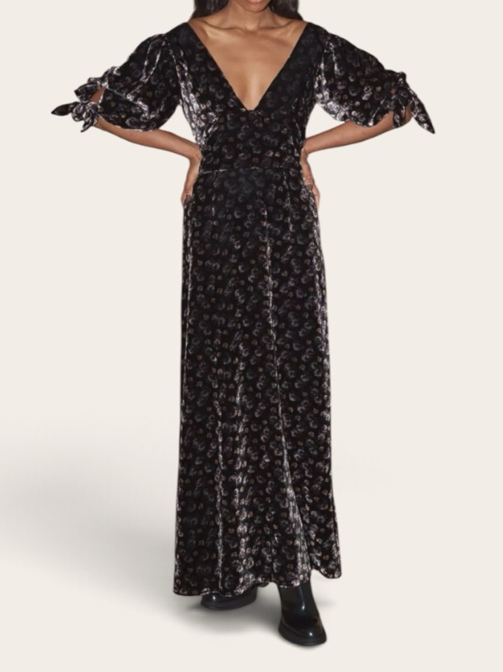 Sea New York Black Velvet Floral Midi Dress Puff Sleeve Dark Romantic Whimsygoth